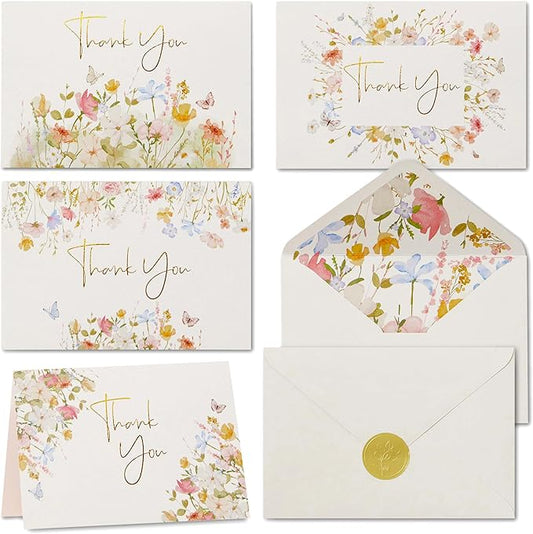 100 Floral Thank You Cards With Envelopes & Stickers - Pretty Wildflower & Gold Foil Assorted Greeting Notes pack for Wedd...