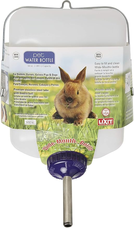 Lixit® All-Weather Rabbit Water Bottle - 64 Ounce Widemouth Cage Water Bottles for Rabbits, Ferrets, Guinea Pigs, Rats, an...