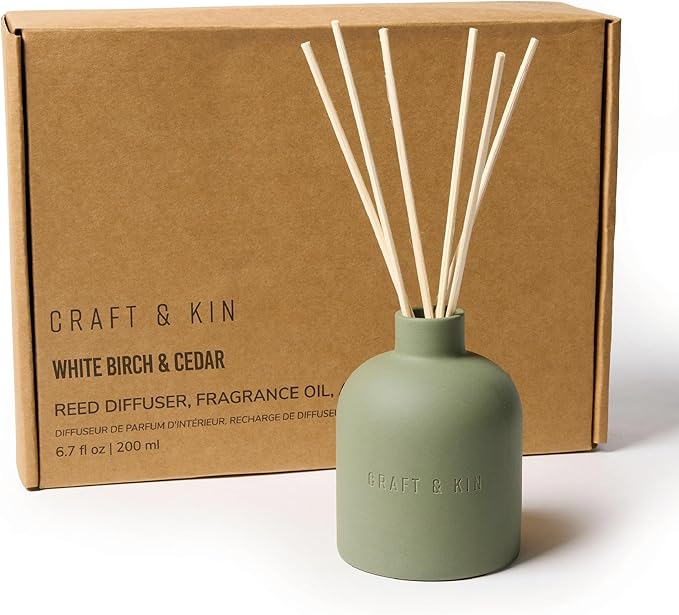 Craft & Kin Reed Diffuser for Home & Bathroom – White Birch & Cedar Holiday Reed Diffuser Set with Fragrance Sticks, Long-...