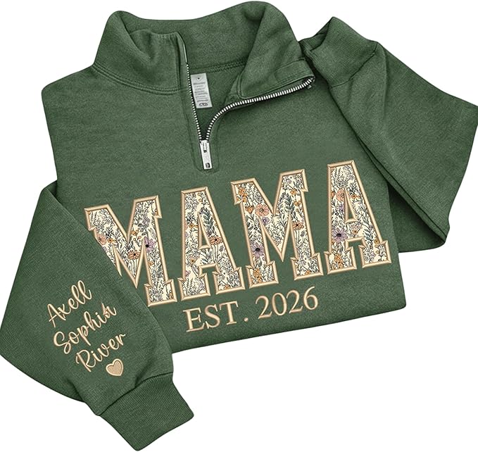 Personalized Floral Embroidered Applique Grandma Quarter Zip Sweatshirt for Women, Custom Grandma Gifts from Grandkids