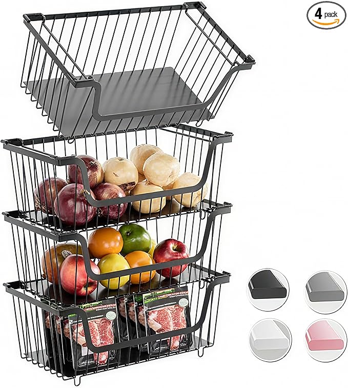 GAOKASE 4 Pcs Stackable Wire Baskets for Pantry Organizers and Storage,Vegetable Fruit Basket for Countertop,Kitchen Stora...