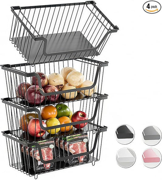 GAOKASE 4 Pcs Stackable Wire Baskets for Pantry Organizers and Storage,Vegetable Fruit Basket for Countertop,Kitchen Stora...