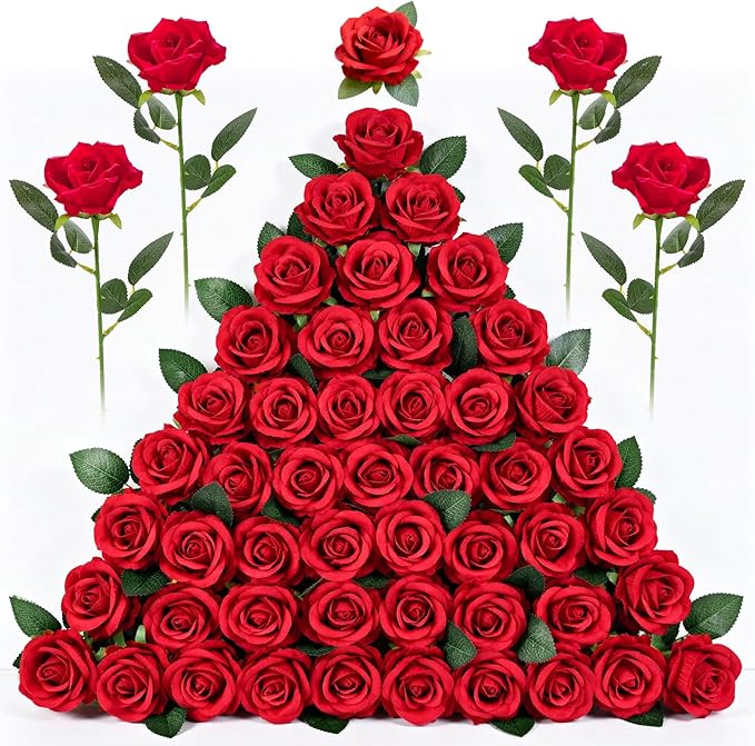 Yimomoyi Fake Red Roses Set, 50 PCS Artificial Flowers Bulk, Realistic Silk Faux Rose with Stems, for Wedding Decoration, ...