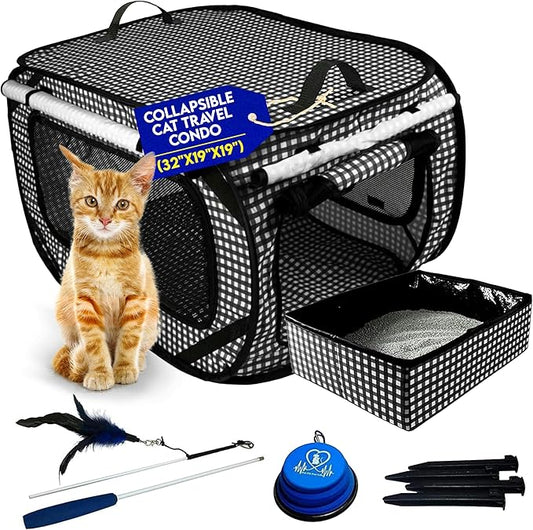 Pet Fit For Life Extra Large Cat Carrier for Travel - Foldable & Portable Collapsible Kennel with Litter Box, Feather Toy...