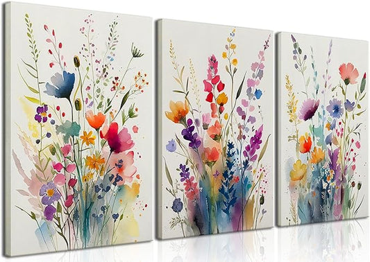 KISSFOX 3 Piece Canvas Wall Art Wildflowers Wall Decor Floral Pictures Botanical Paintings Colorful Prints Watercolor Artw...