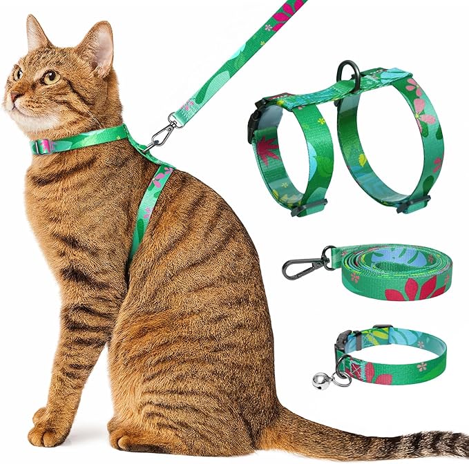 Cat Harness and Leash Set with Matching Collar – Escape Proof Harness for Cats, Adjustable & Lightweight, Tropical Hawaiia...