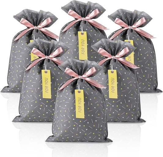 Yatinbos Fabric Gift Wrap Bags, Grey Reusable Cloth Gift Bags Sets of 6 with Drawstring and Tags for Christmas Holiday, Bi...