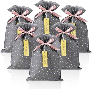 Yatinbos Fabric Gift Wrap Bags, Grey Reusable Cloth Gift Bags Sets of 6 with Drawstring and Tags for Christmas Holiday, Bi...