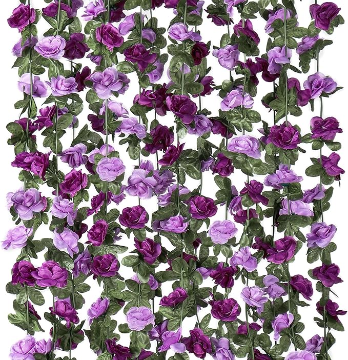 KHOYIME 9 Pack 72 FT Artificial Flower Garland, Fake Purple Roses Vines Silk Flowers Faux Plastic Outdoor Hanging Floral I...
