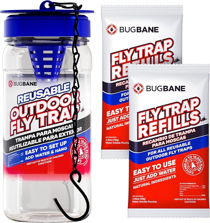 Fly Trap Outdoor Fly Traps for Patio with 2 Non-Toxic Dissolvable Bait Refills. Reusable Hanging Bug Catcher Killer for Al...