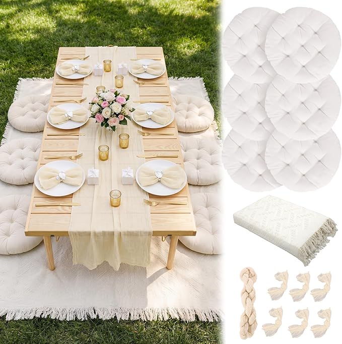 Beeveer 91 x 71'' Extra Large Outdoor Picnic Blanket with Beige Table Runner 6 Napkins and 6 Beige Floor Pillows Cushions ...