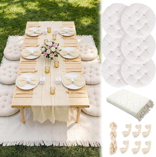 Beeveer 91 x 71'' Extra Large Outdoor Picnic Blanket with Beige Table Runner 6 Napkins and 6 Beige Floor Pillows Cushions ...