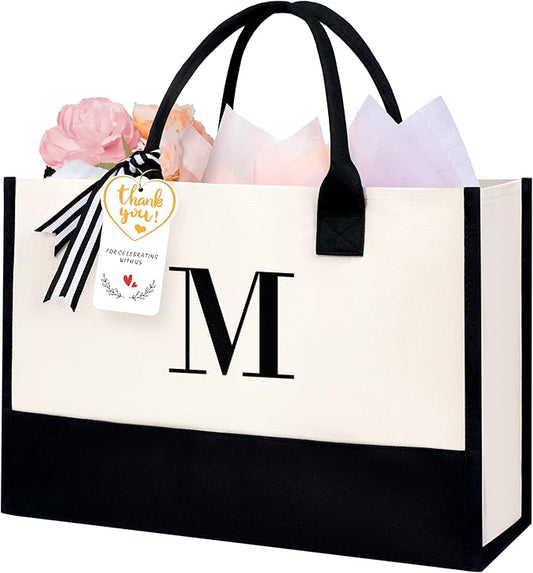 BAGAIL Initial Tote Bag, Personalized Birthday Gifts for Women, Teacher, Friends, Mom, Wedding, Monogrammed Beach Bag