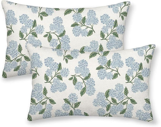 Blue Green Throw Pillow Covers 12x20 Inch 2 Pcs Blue Hydrangea Floral Decor Pillow Covers Vintage Flower Spring Summer Out...