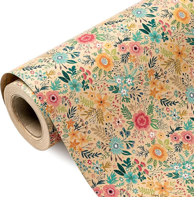 WRAPAHOLIC Kraft Floral Wrapping Paper Roll - Mini Roll - 17 Inch x 9.8 Feet - Spring Summer Garden Flower Design Perfect ...