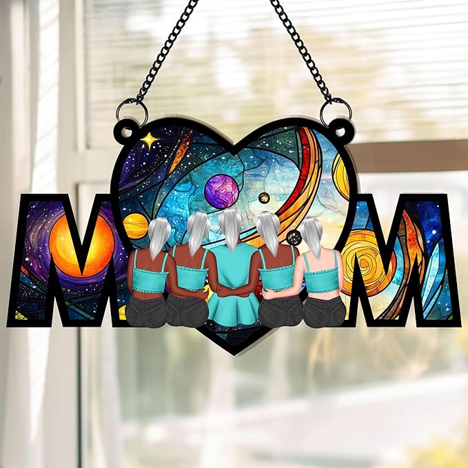 Personalized Heart-Shaped Suncatcher Window Hanging, Decorative MOM Sign with Sunset Scene