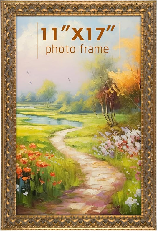 Golden State Art, 11x17 Inch Poster Frame Ornate Bronze, Horizontal and Vertical Wall Display, With Real Glass
