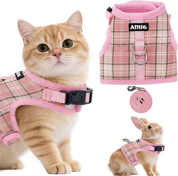 AIITLE Adjustable Bunny Harness & Leash Set - Soft Mesh Liner, Comfort Fit Plaid Pattern Vest with Magic Tape Design, Port...