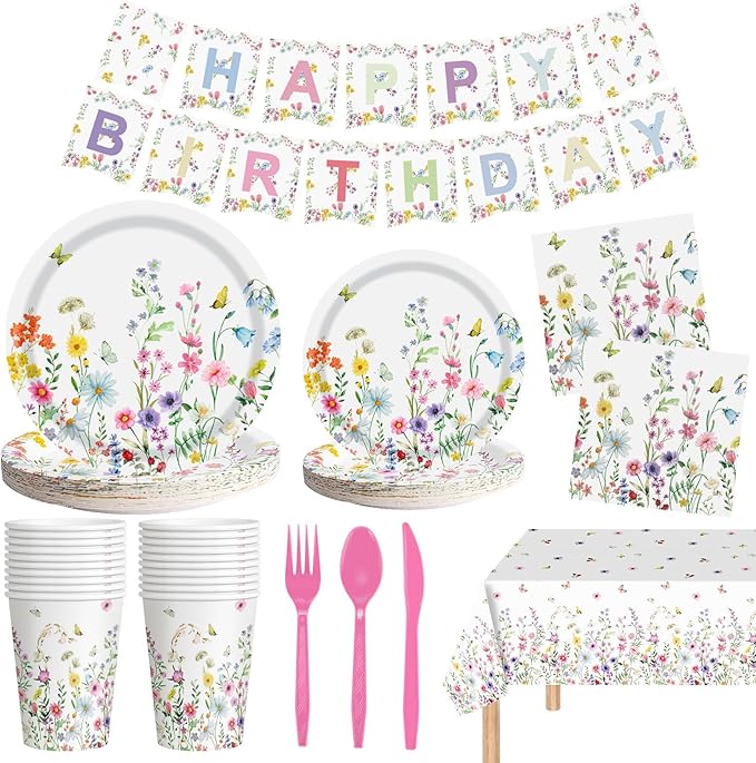 170 Pcs Spring Flower Birthday Party Decorations Sets, Includes Happy Birthday Banner, Floral Plates, Napkins, Cups, Plast...