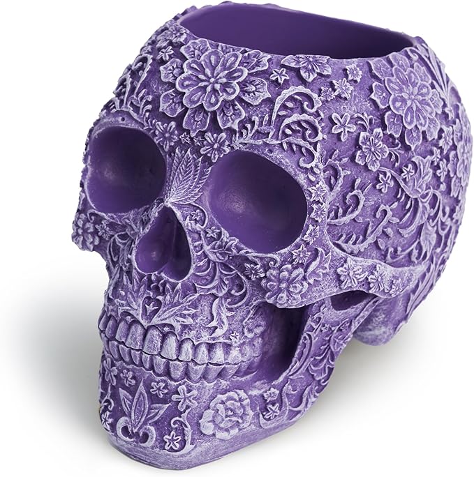 BOIHEGU Skull Bowl Decorative Skull Vase Makeup Brush Pen Holder Organizer Dresser Gothic Table Organizer Decoration, Purp...