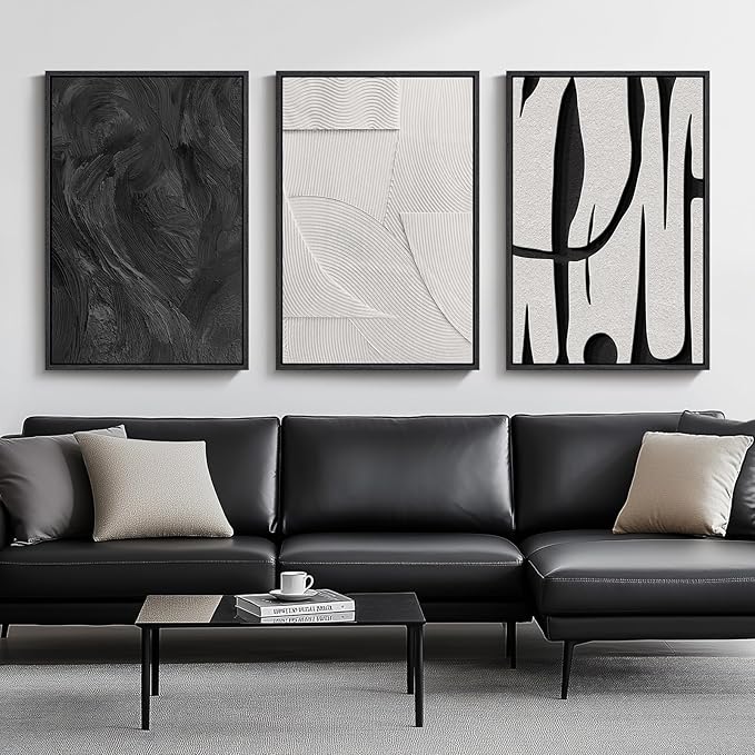Large Framed Black and White Abstract Wall Art for Living Room, 3 Piece Big Modern Canvas Prints Paintings Artwork for Wal...