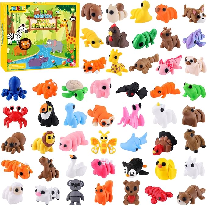 JOICEE 50 Pcs Mini 3D Printed Animal Figurines Set, Articulated Flexible Fidget Toys Cute Desk Pets Decor for Kids Party F...