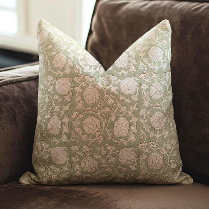 Fabritual Block Print Pillow Covers 14x14 Inch – Solid Handmade Cotton Linen Cushion Cover with Floral Print, Invisible Zi...