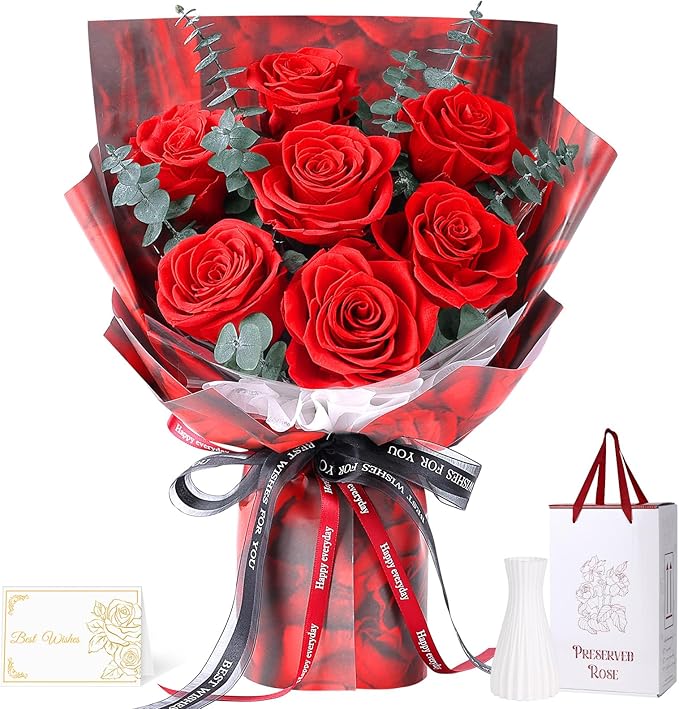 Preserved Flowers Bouquet 7 Roses - Red Real Rose & Flowers for Delivery, Eternal Roses Bouquet with Gift Box, Mothers Day...