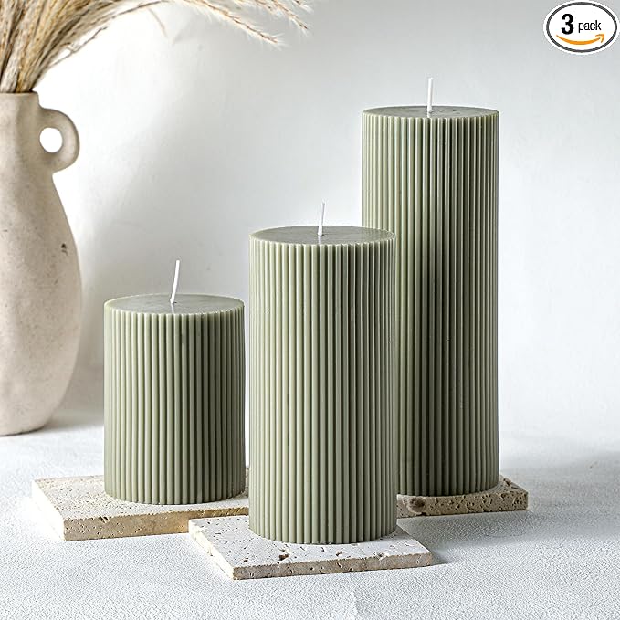 Conelist Ribbed Pillar Candles Set of 3, Width 3" High 4" 6" 8" Large Soy Wax Orchids Scented Pillar Candles Aesthetic Rib...