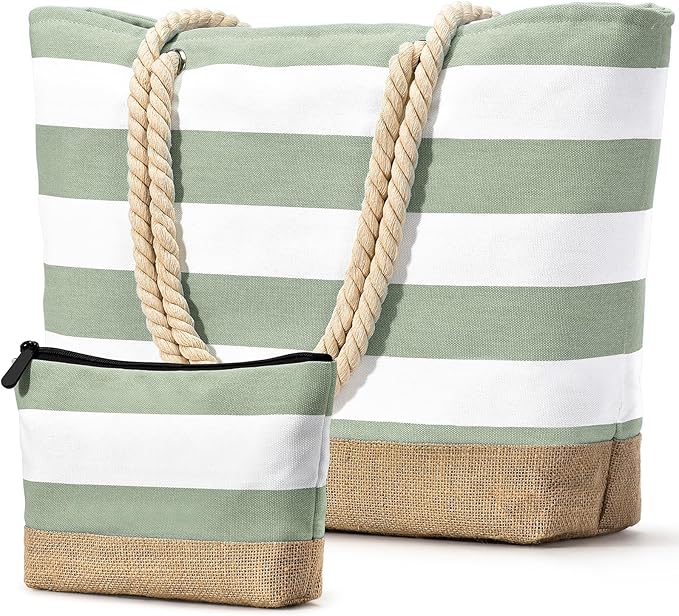 Becokan Beach Bag Initial Beach Tote with Makeup Bag for Travel Work Storage Personalized Birthday Gifts for Women Her