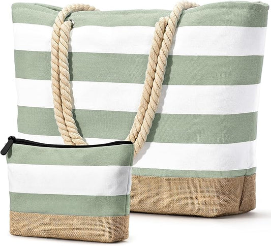 Becokan Beach Bag Initial Beach Tote with Makeup Bag for Travel Work Storage Personalized Birthday Gifts for Women Her