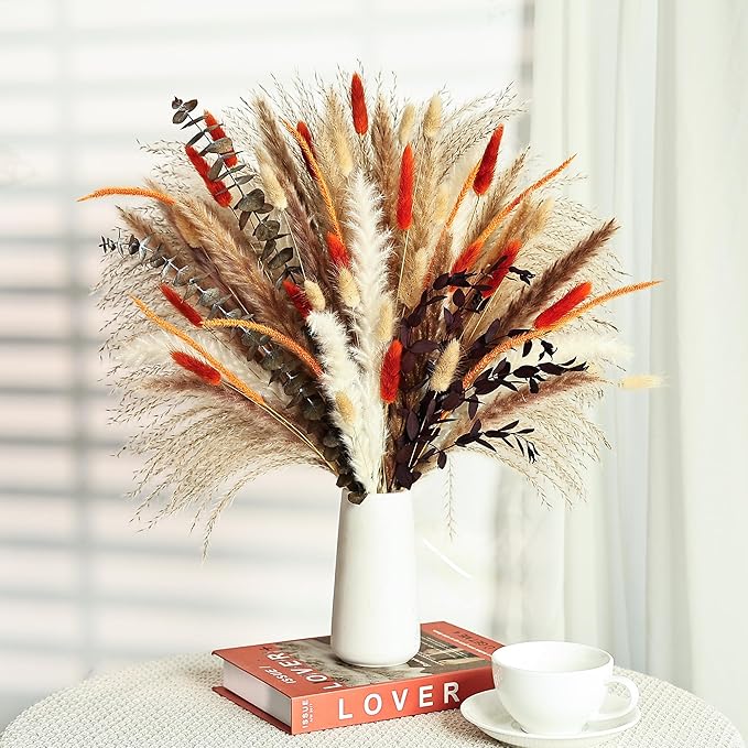 Orange Dried Pampas Grass Bouquet, 17 Inch, Bunny Tail,Eucalyptus,Natural Dried Floral Arrangement for Boho Rustic Wedding...