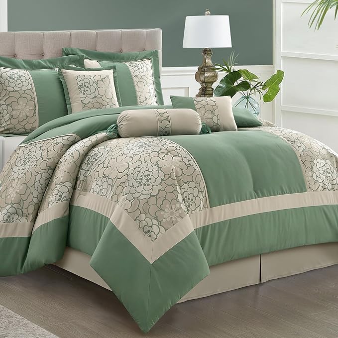 LANCO MODERN LIFESTYLE 7 Piece King Size Comforter Set, Green, Elegant Floral Jacquard, Stylish and Cozy Bedding Collectio...