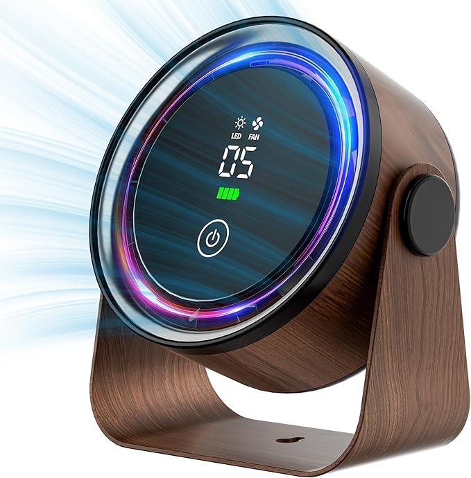 Small Desk Fan 5000mAh Rechargeable Battery Powered -Retro Low Noise Quiet Portable Gentle Blowing with LED Night Light Of...
