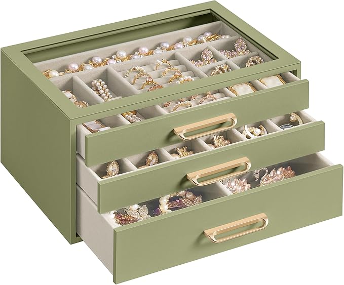 SONGMICS 3-Layer Jewelry Box with Glass Window, Jewelry Storage Organizer with 3 Drawers, Golden Handles, for Rings, Earri...