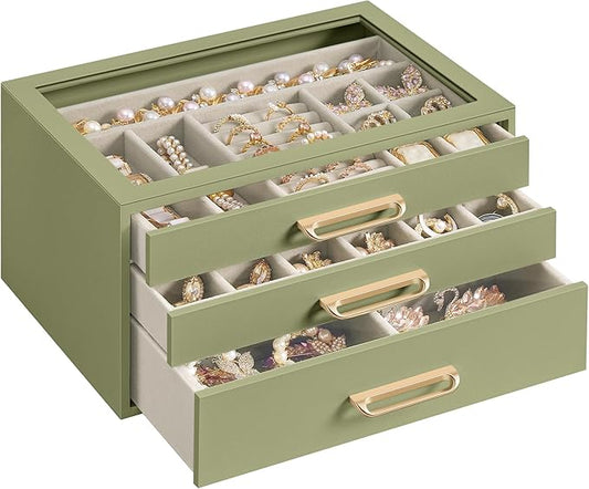 SONGMICS 3-Layer Jewelry Box with Glass Window, Jewelry Storage Organizer with 3 Drawers, Golden Handles, for Rings, Earri...