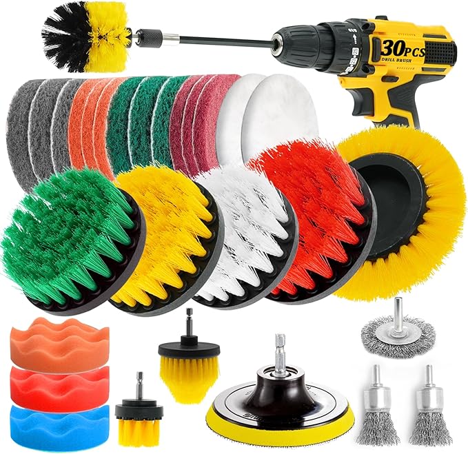ETOUPA 30 Piece Drill Brush Attachments Set, Scrub Pads & Sponge & Wire Brush for Drill, Power Scrubber Brush with Extend ...