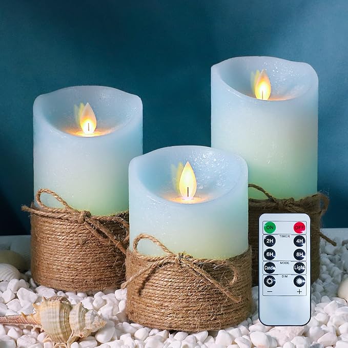 PETRISTRIKE Ocean Blue Flameless Candles, Nautical Themed Led Pillar Candles with Remote & Timer, Decorative Flickering Ca...