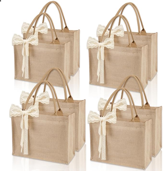 Karinoos 8pcs Burlap Tote Bag Set with Handles, Waterproof Reusable Blank Grocery Bags with Ribbon Large Jute Tote 15.35 *...