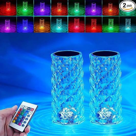 2Pack Crystal Table Lamp (Touch & Remote), 4 Modes 16 Color Changing Night Light, Rechargeable, Dimmable, RGB Rose Diamond...
