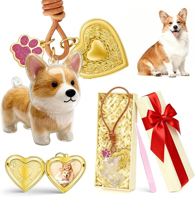 Corgi Dog Hair Collector Keychain Dog Fur Keepsake Pet Memorial Gifts for Dogs Pets Fur Memory Charm with Storage Photo