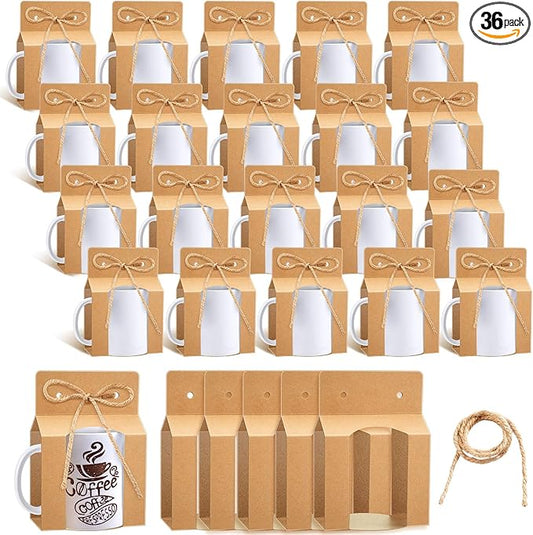 Kosiz 36 Pcs Kraft Mug Boxes Sublimation Coffee Mugs Gift Bags with Window Packaging Storage Box for Shipping Selling Wedd...