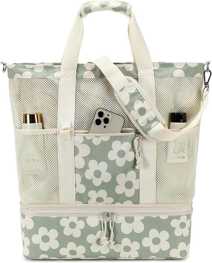 Bluboon Mesh Beach Tote Bag with Cooler Compartment Insulated Detachable Picnic Bag with Zipper and Pocket Pool Bag for Women