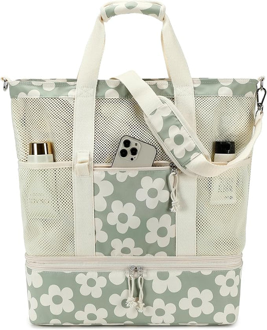 Bluboon Mesh Beach Tote Bag with Cooler Compartment Insulated Detachable Picnic Bag with Zipper and Pocket Pool Bag for Women