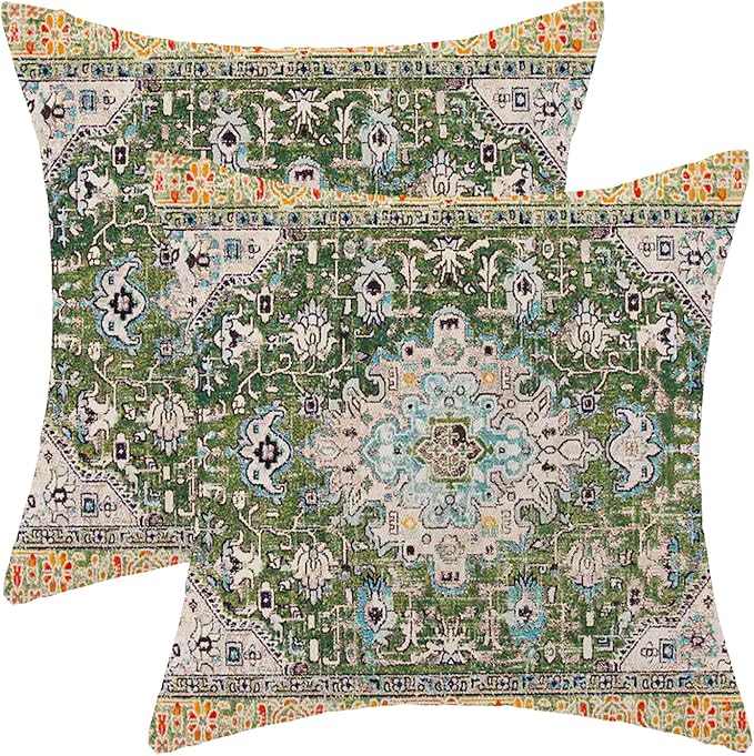 AEIOAE Boho Pillow Covers 20x20 Inch Set of 2,Carpet Pattern Throw Pillows Case,Sage Green Yellow Ethnic Design Outdoor De...