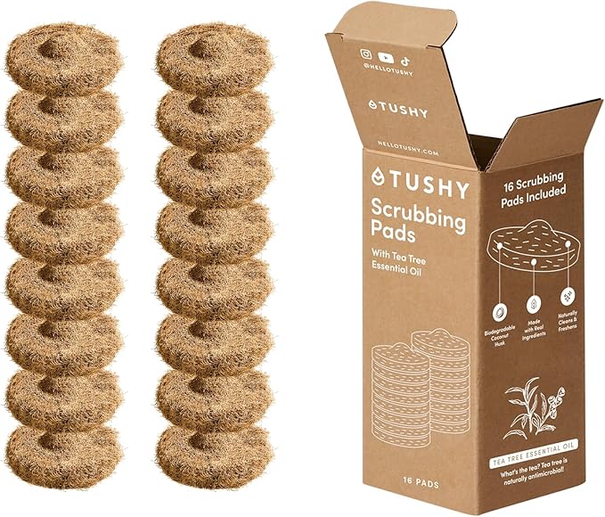 TUSHY Tea Tree Coconut Husk Scrubbing Pads Refill. Planet Friendly Cleanser-Infused Pads, No Toilet Bowl Cleaner Needed. (...