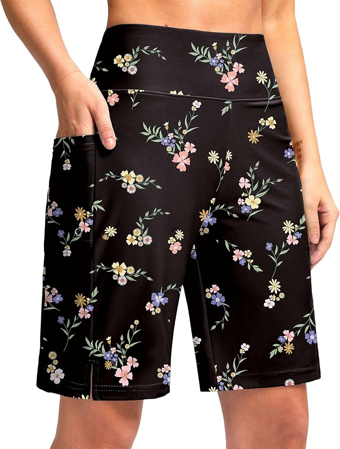 G Gradual Women's 9" Long Swim Board Shorts with Pockets High Waisted Knee Length Beach Swimming Shorts for Women with Liner