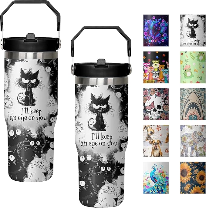 mvhsuoem 30 oz Cat Black Flip Straw Tumbler with Top Handle for Cat Black Lover Resuable Vacuum Insulated Flip Top Water b...