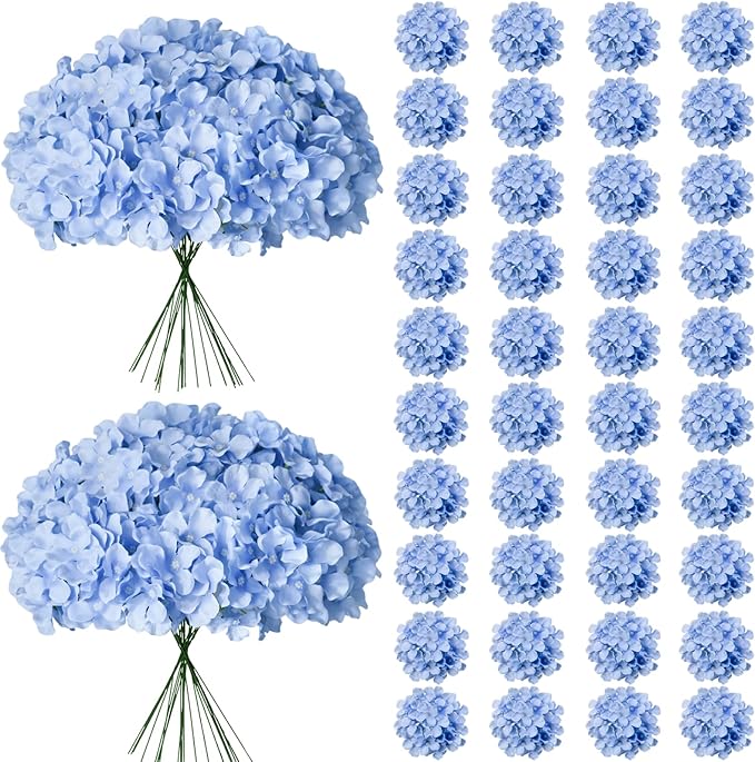 Cherica 65Pcs Blue Hydrangea Artificial Flowers Bulk，Realistic Silk Fake Flowers with Stems，Faux Hydrangea Flowers for Wed...
