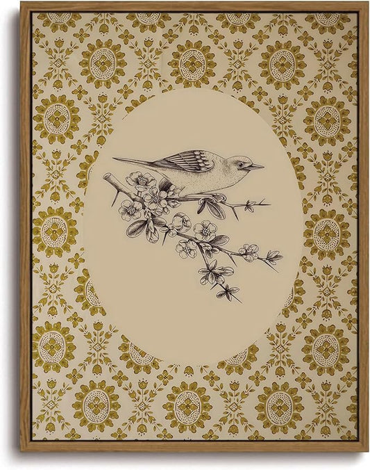 KISSFOX Framed Wall Art Vintage Wall Decor Floral Birds Pictures Botanical Canvas Art Neutral Flower Paintings Rustic Artw...